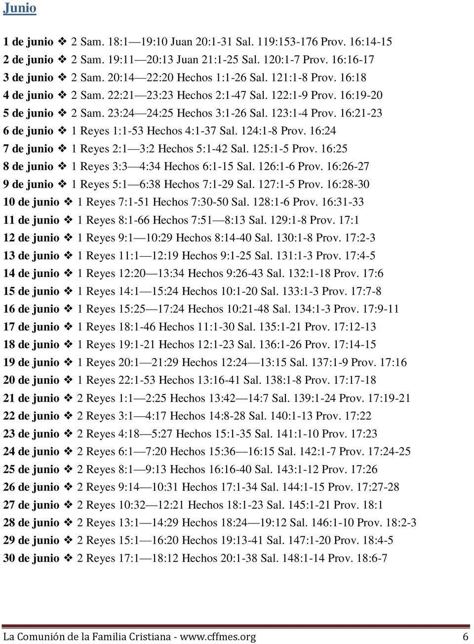 16:21-23 6 de junio 1 Reyes 1:1-53 Hechos 4:1-37 Sal. 124:1-8 Prov. 16:24 7 de junio 1 Reyes 2:1 3:2 Hechos 5:1-42 Sal. 125:1-5 Prov. 16:25 8 de junio 1 Reyes 3:3 4:34 Hechos 6:1-15 Sal. 126:1-6 Prov.