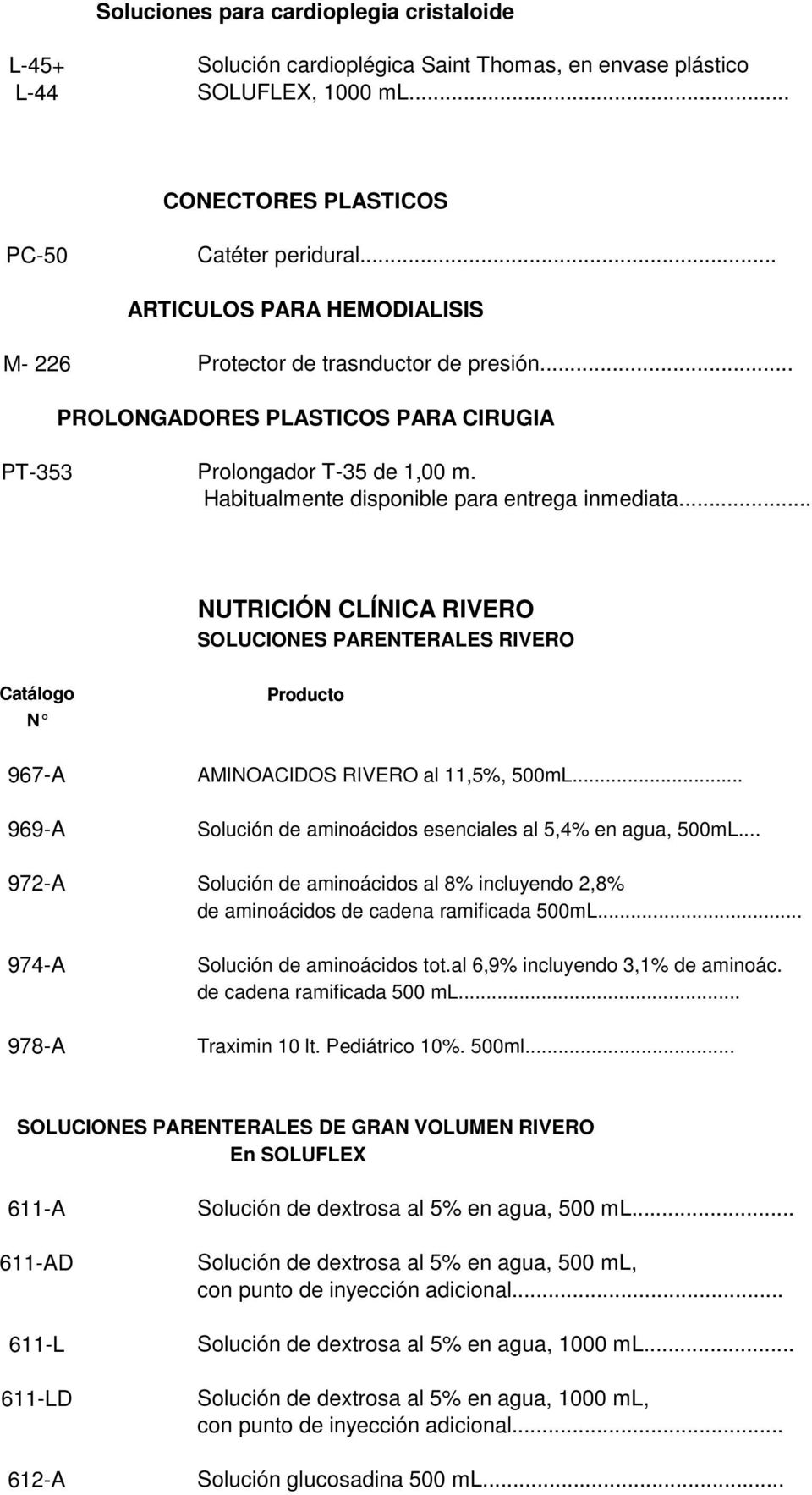 .. NUTRICIÓN CLÍNICA RIVERO SOLUCIONES PARENTERALES RIVERO Catálogo N Producto 967-A AMINOACIDOS RIVERO al 11,5%, 500mL... 969-A Solución de aminoácidos esenciales al 5,4% en agua, 500mL.
