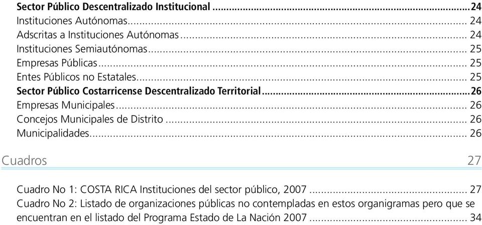 .. 26 Concejos Municipales de Distrito... 26 Municipalidades... 26 Cuadros 27 Cuadro No 1: COSTA RICA Instituciones del sector público, 2007.