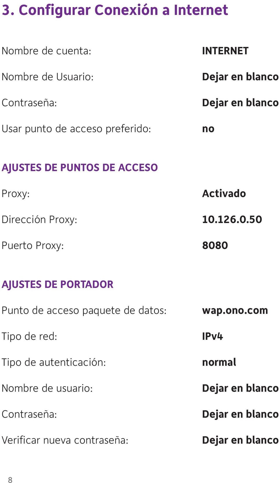 0.50 Puerto Proxy: 8080 AJUSTES DE PORTADOR Punto de acceso paquete de datos: Tipo de red: Tipo de
