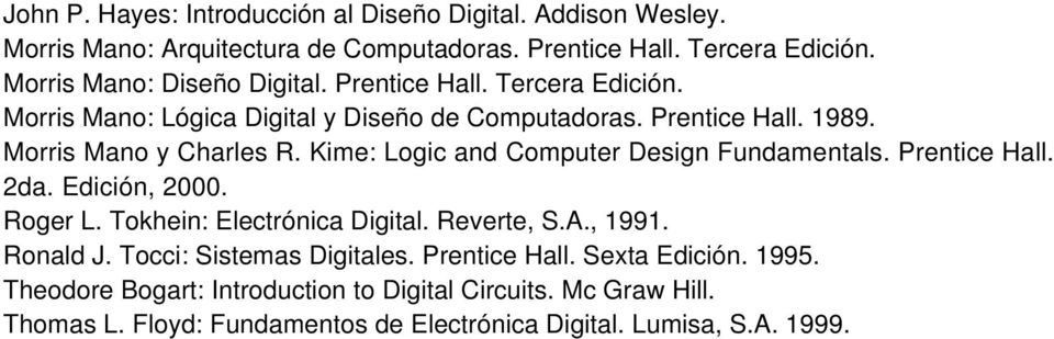 Kime: Logic and Computer Design Fundamentals. Prentice Hall. 2da. Edición, 2000. Roger L. Tokhein: Electrónica Digital. Reverte, S.A., 1991. Ronald J.