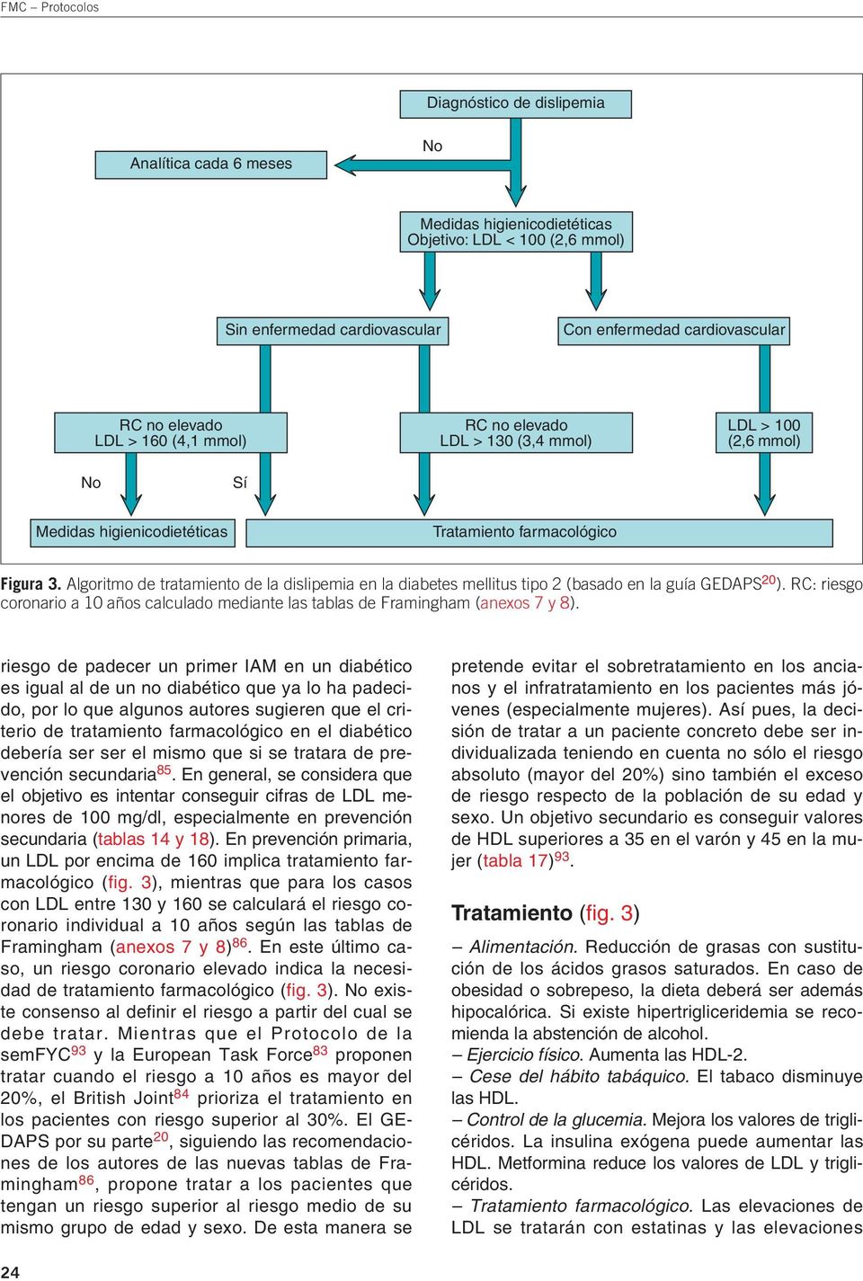 Algoritmo de tratamiento de la dislipemia en la diabetes mellitus tipo 2 (basado en la guía GEDAPS 20 ). RC: riesgo coronario a 10 años calculado mediante las tablas de Framingham (anexos 7 y 8).
