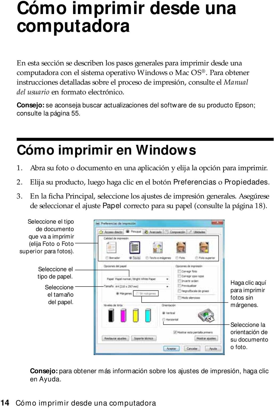Consejo: se aconseja buscar actualizaciones del software de su producto Epson; consulte la página 55. Cómo imprimir en Windows 1.