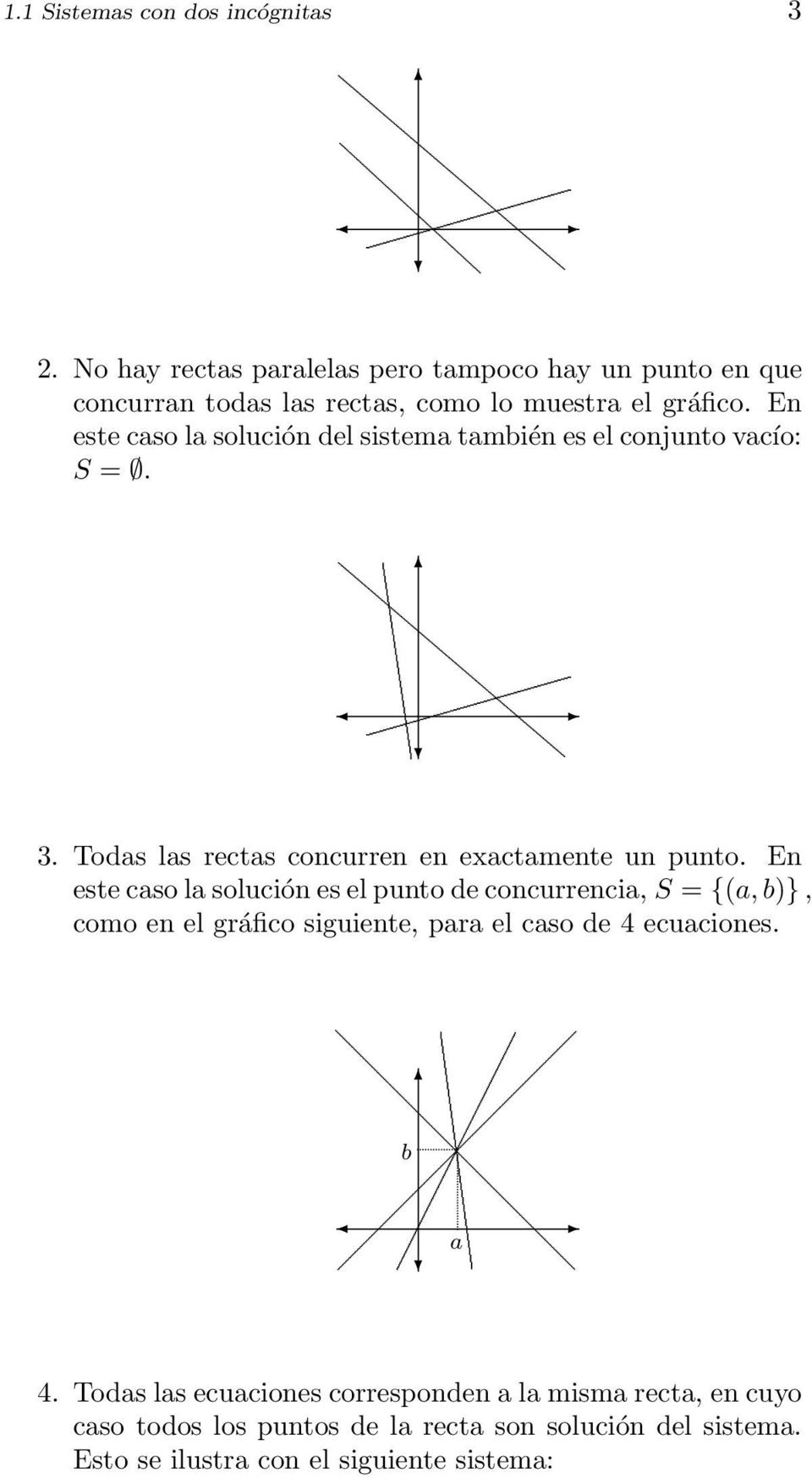 En este caso la solución del sistema también es el conjunto vacío: S =. 3. Todas las rectas concurren en exactamente un punto.