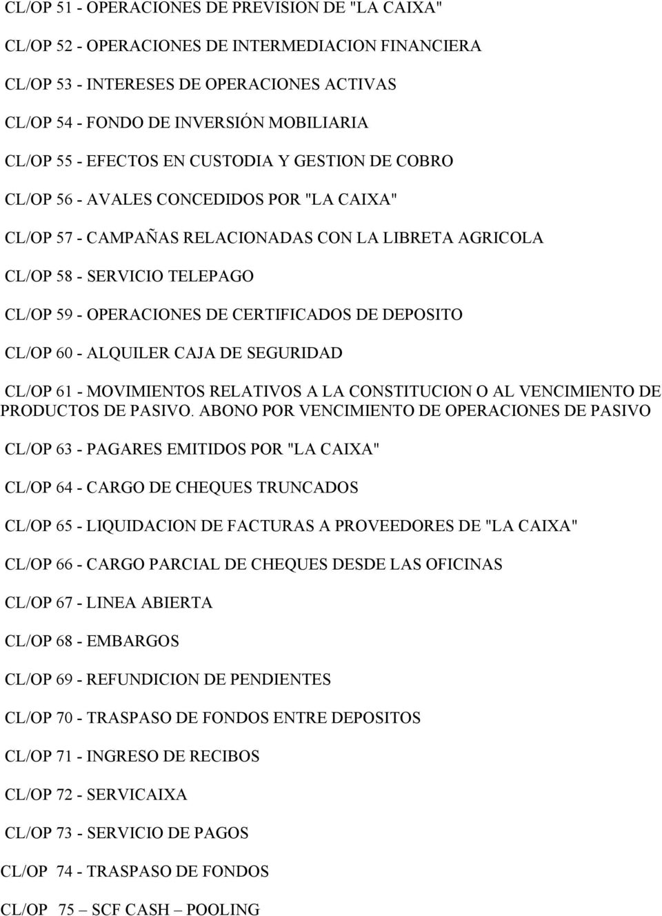 CERTIFICADOS DE DEPOSITO CL/OP 60 - ALQUILER CAJA DE SEGURIDAD CL/OP 61 - MOVIMIENTOS RELATIVOS A LA CONSTITUCION O AL VENCIMIENTO DE PRODUCTOS DE PASIVO.