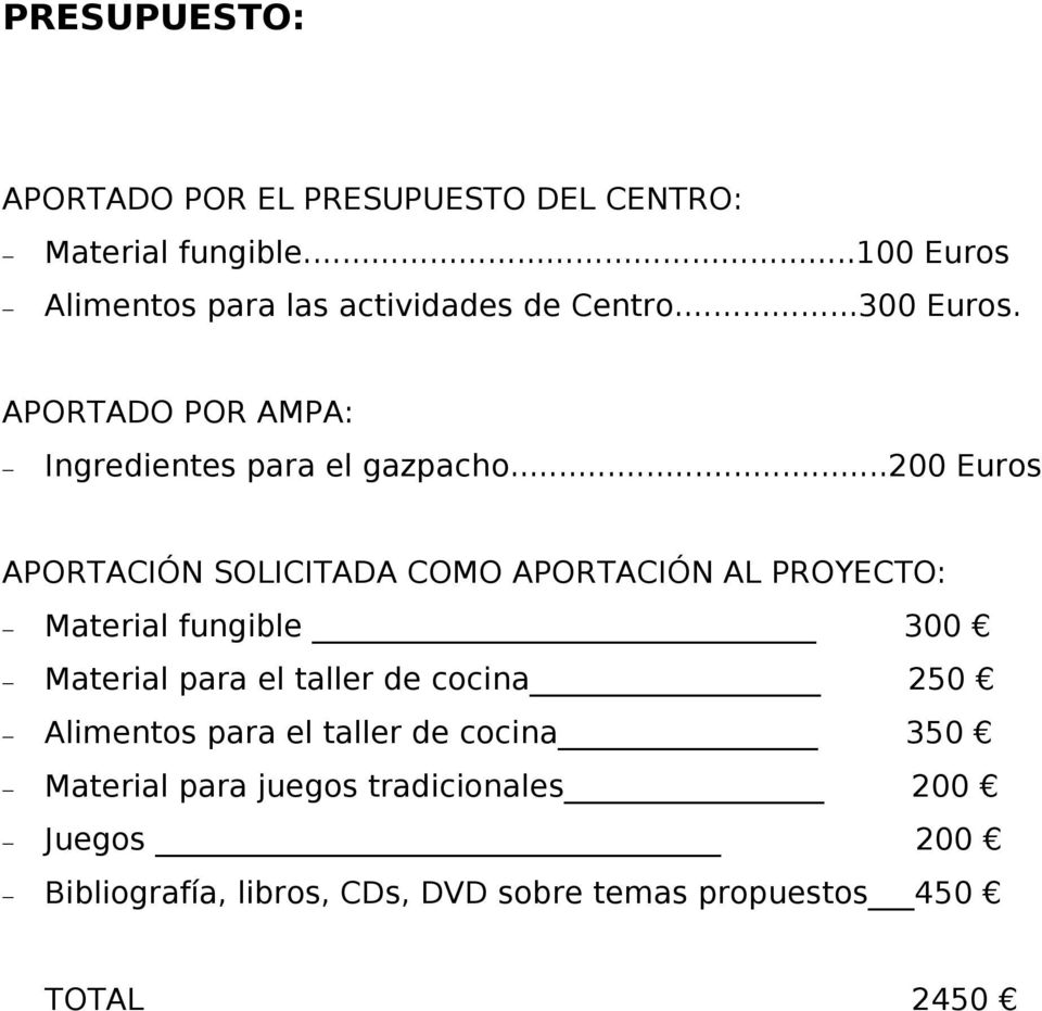 ..200 Euros APORTACIÓN SOLICITADA COMO APORTACIÓN AL PROYECTO: Material fungible 300 Material para el taller de