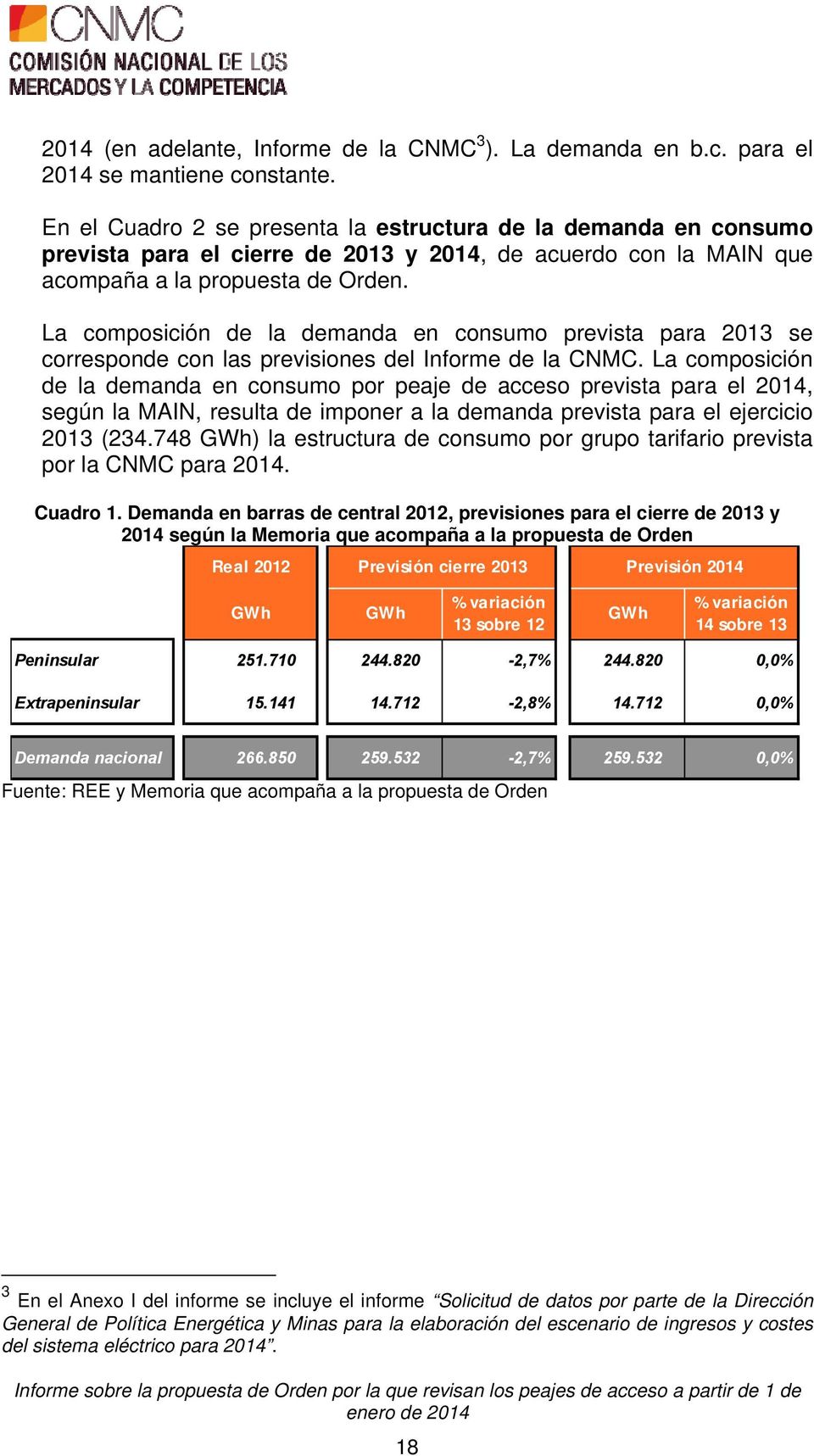 La composición de la demanda en consumo prevista para 2013 se corresponde con las previsiones del Informe de la CNMC.