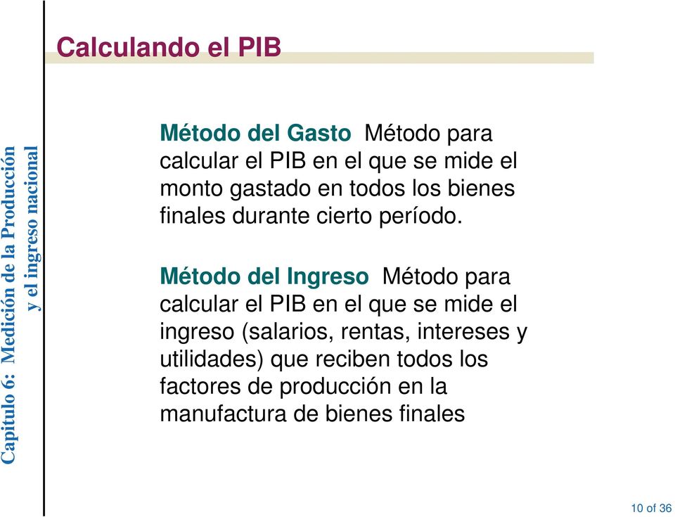 Método del Ingreso Método para calcular el PIB en el que se mide el ingreso (salarios,