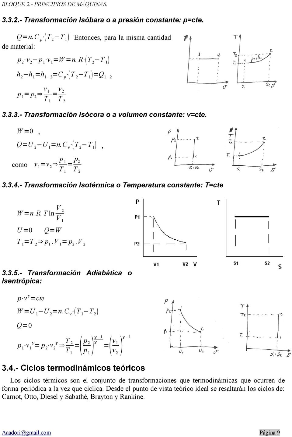- Transformación Isotérmica o Temperatura constante: T=cte W =n. R. T ln U =0 V2 V1 Q=W T 1=T 2 p1.v 1= p2.v 2 3.3.5.- Transformación Adiabática o Isentrópica: p v =cte W =U 1 U 2=n.