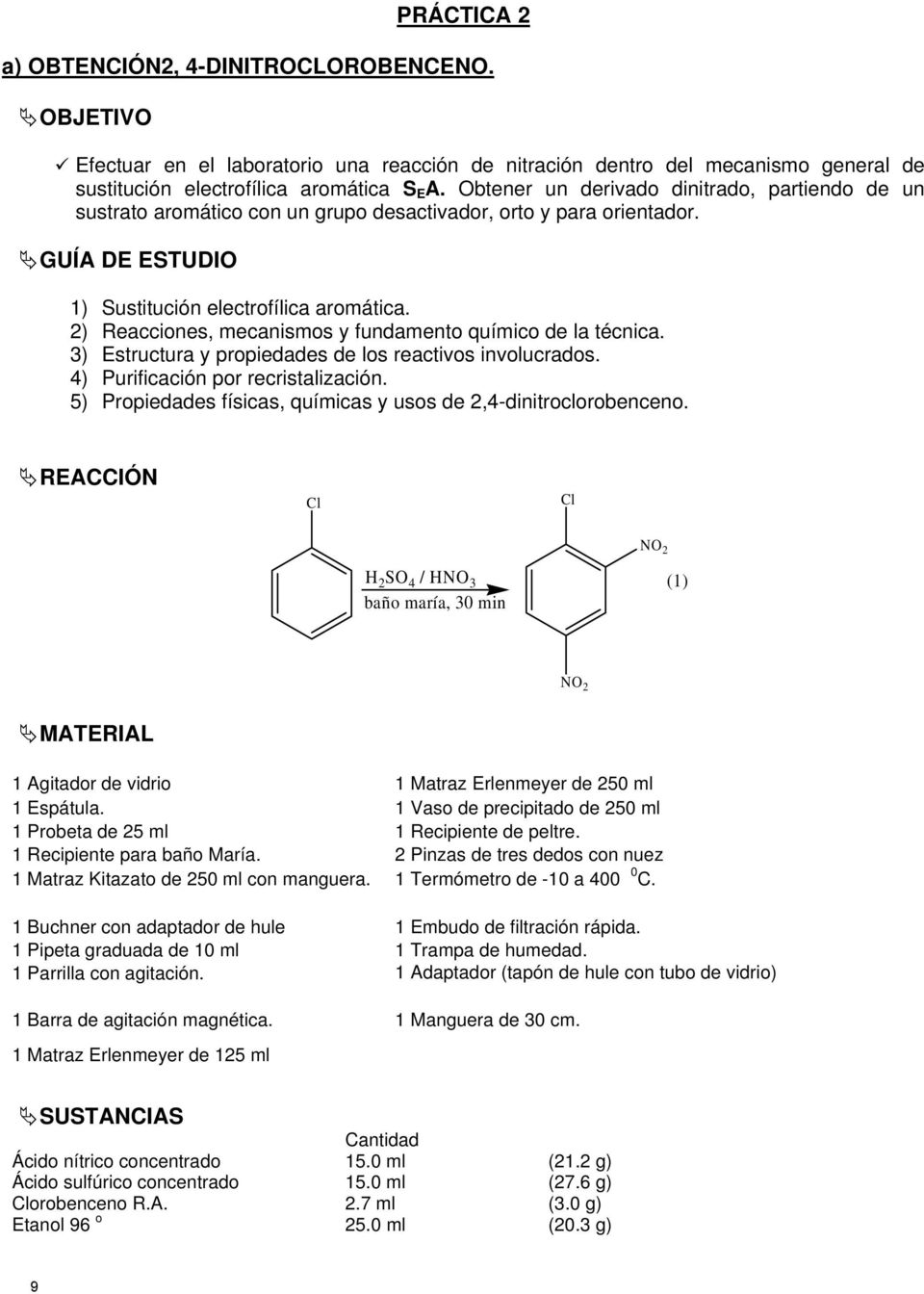 2) Reacciones, mecanismos y fundamento químico de la técnica. 3) Estructura y propiedades de los reactivos involucrados. 4) Purificación por recristalización.