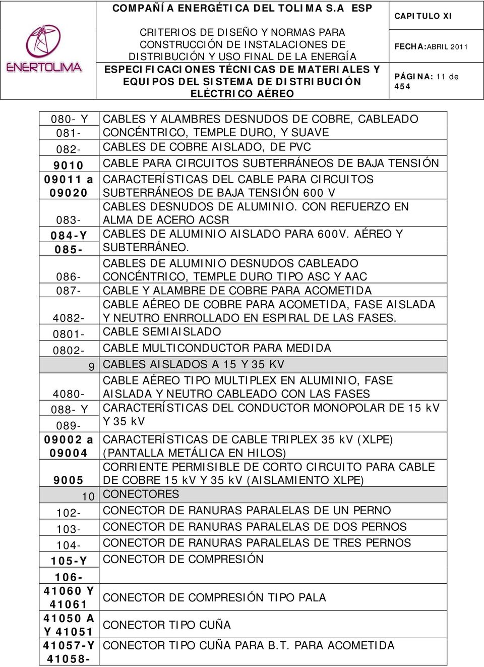 CON REFUERZO EN 083- ALMA DE ACERO ACSR 084-Y CABLES DE ALUMINIO AISLADO PARA 600V. AÉREO Y 085- SUBTERRÁNEO.
