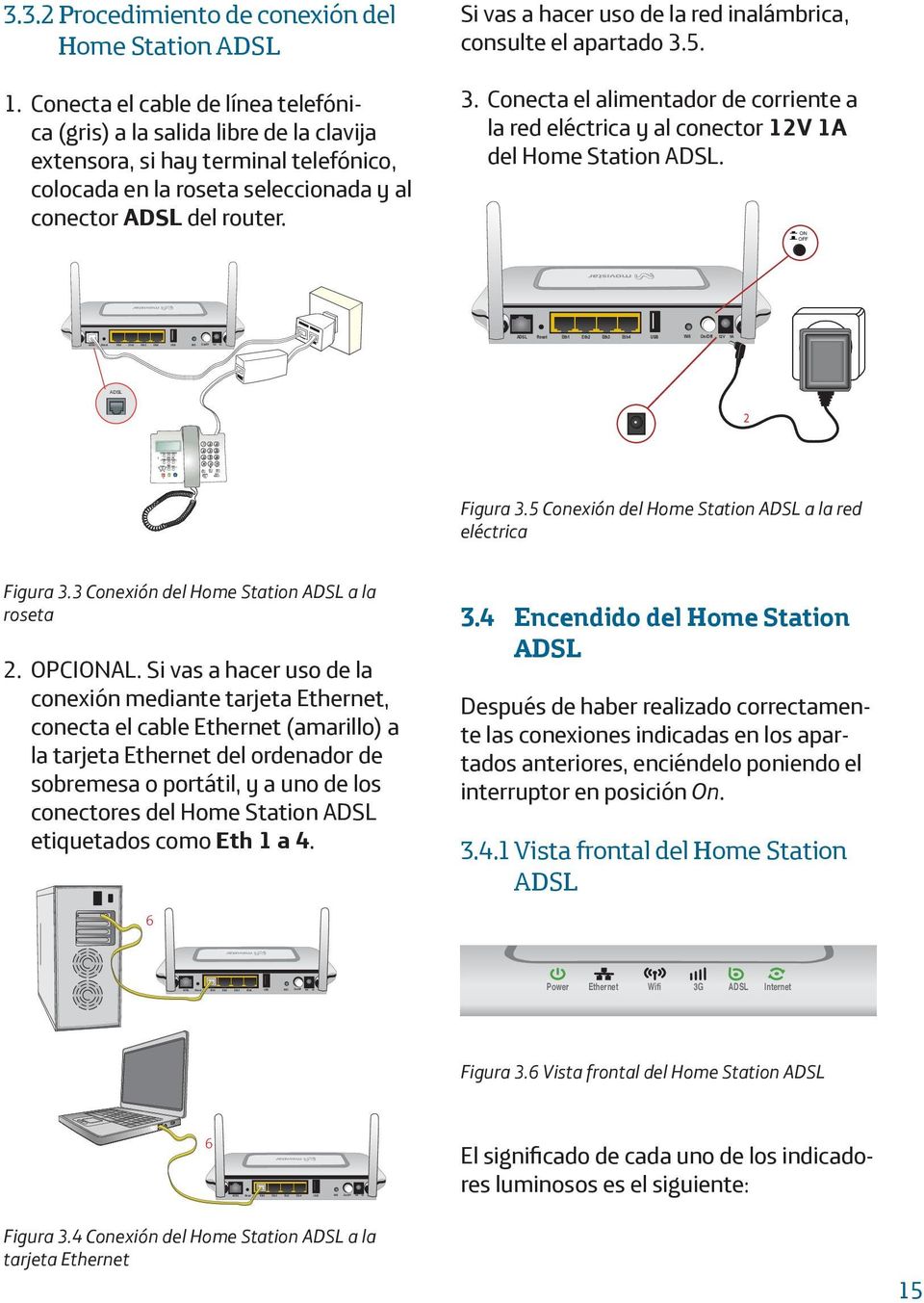 Si vas a hacer uso de la red inalámbrica, consulte el apartado 3.5. 3. Conecta el alimentador de corriente a la red eléctrica y al conector 12V 1A del Home Station ADSL.