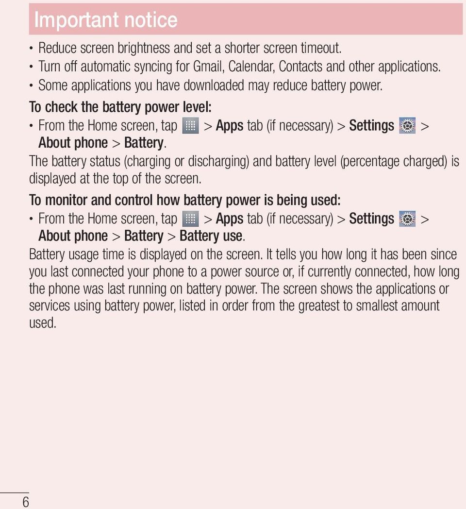 The battery status (charging or discharging) and battery level (percentage charged) is displayed at the top of the screen.