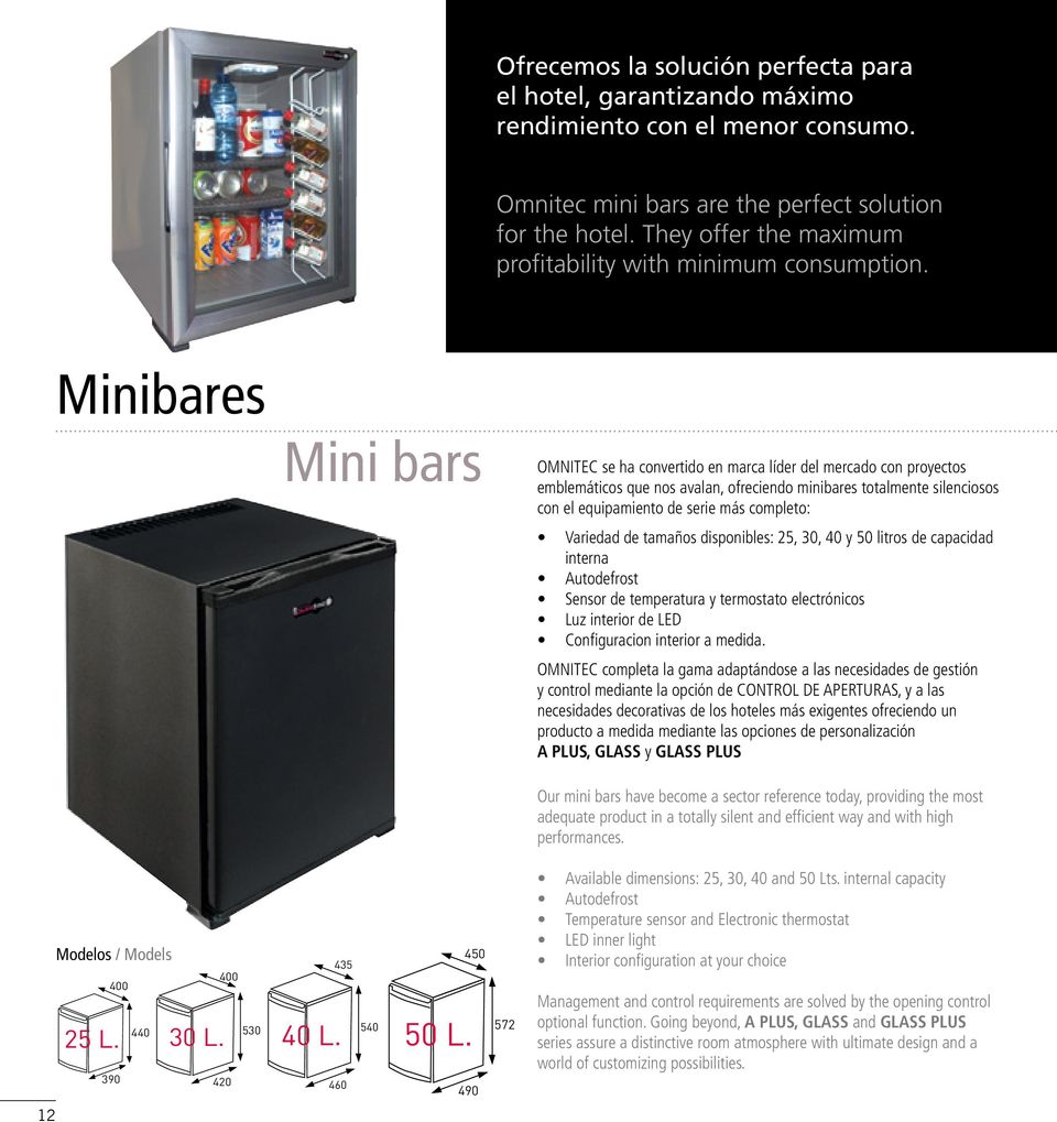 Minibares Características ténicas / Technical features Mini bars OMNITEC se ha convertido en marca líder del mercado con proyectos emblemáticos que nos avalan, ofreciendo minibares totalmente