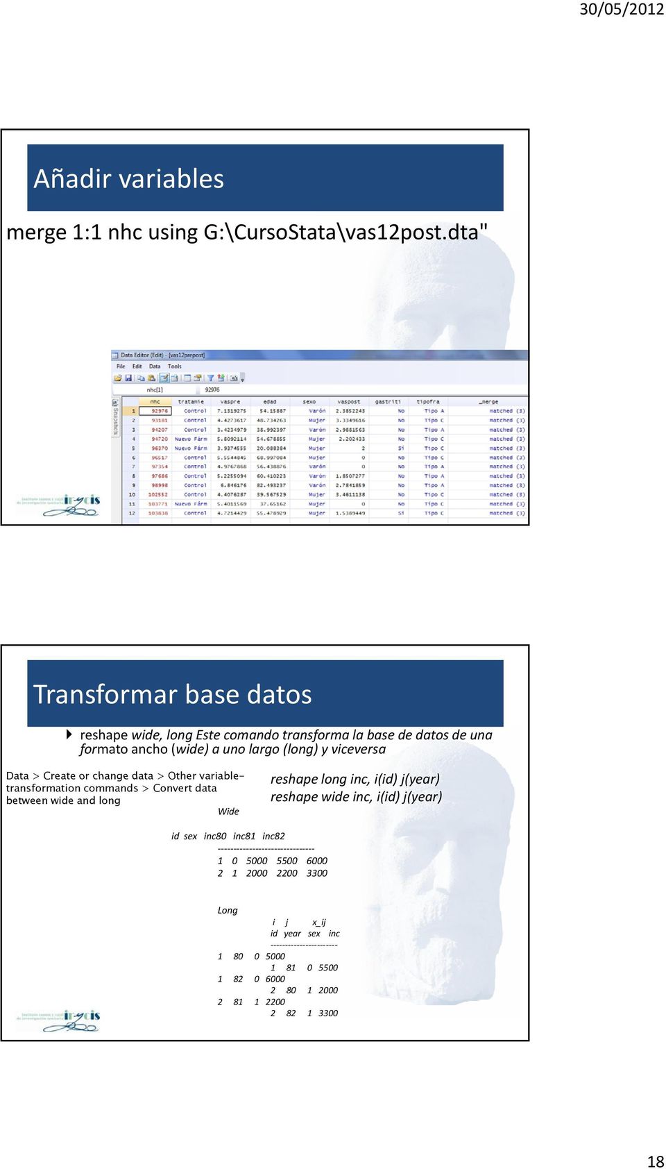 viceversa Data > Create or change data > Other variabletransformation commands > Convert data between wide and long Wide reshape long
