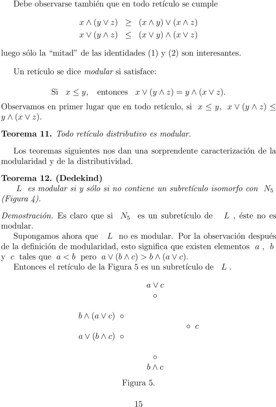 Todo retículo distributivo es modular. Los teoremas siguientes nos dan una sorprendente caracterización de la modularidad y de la distributividad. Teorema 12.