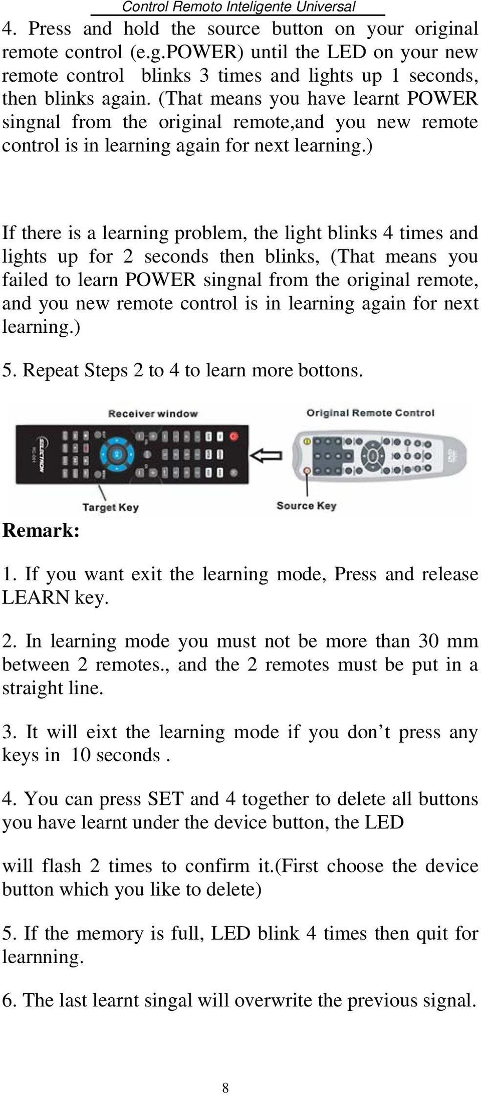 ) If there is a learning problem, the light blinks 4 times and lights up for 2 seconds then blinks, (That means you failed to learn POWER singnal from the original remote, and you new remote control