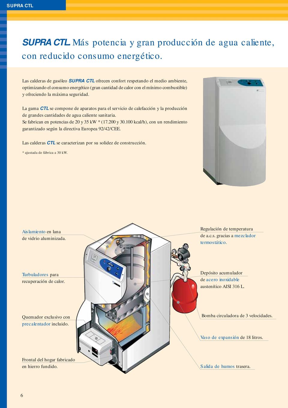 La gama CTL se compone de aparatos para el servicio de calefacción y la producción de grandes cantidades de agua caliente sanitaria. Se fabrican en potencias de 20 y 35 kw * (17.200 y 30.