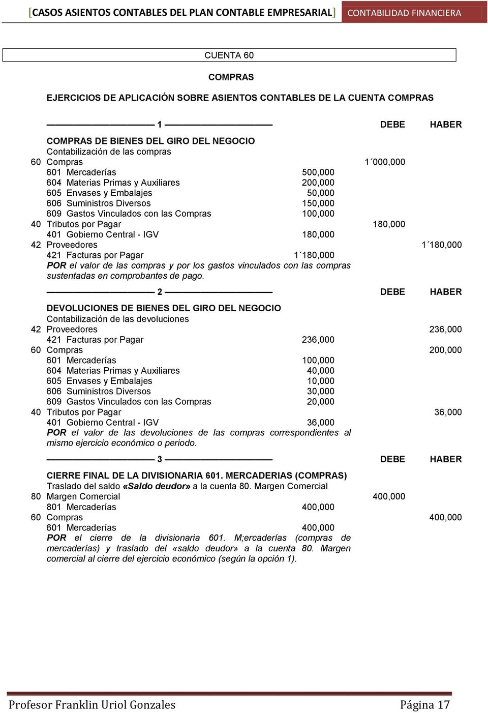 Gobierno Central - IGV 180,000 42 Proveedores 1 180,000 421 Facturas por Pagar 1 180,000 POR el valor de las compras y por los gastos vinculados con las compras sustentadas en comprobantes de pago.