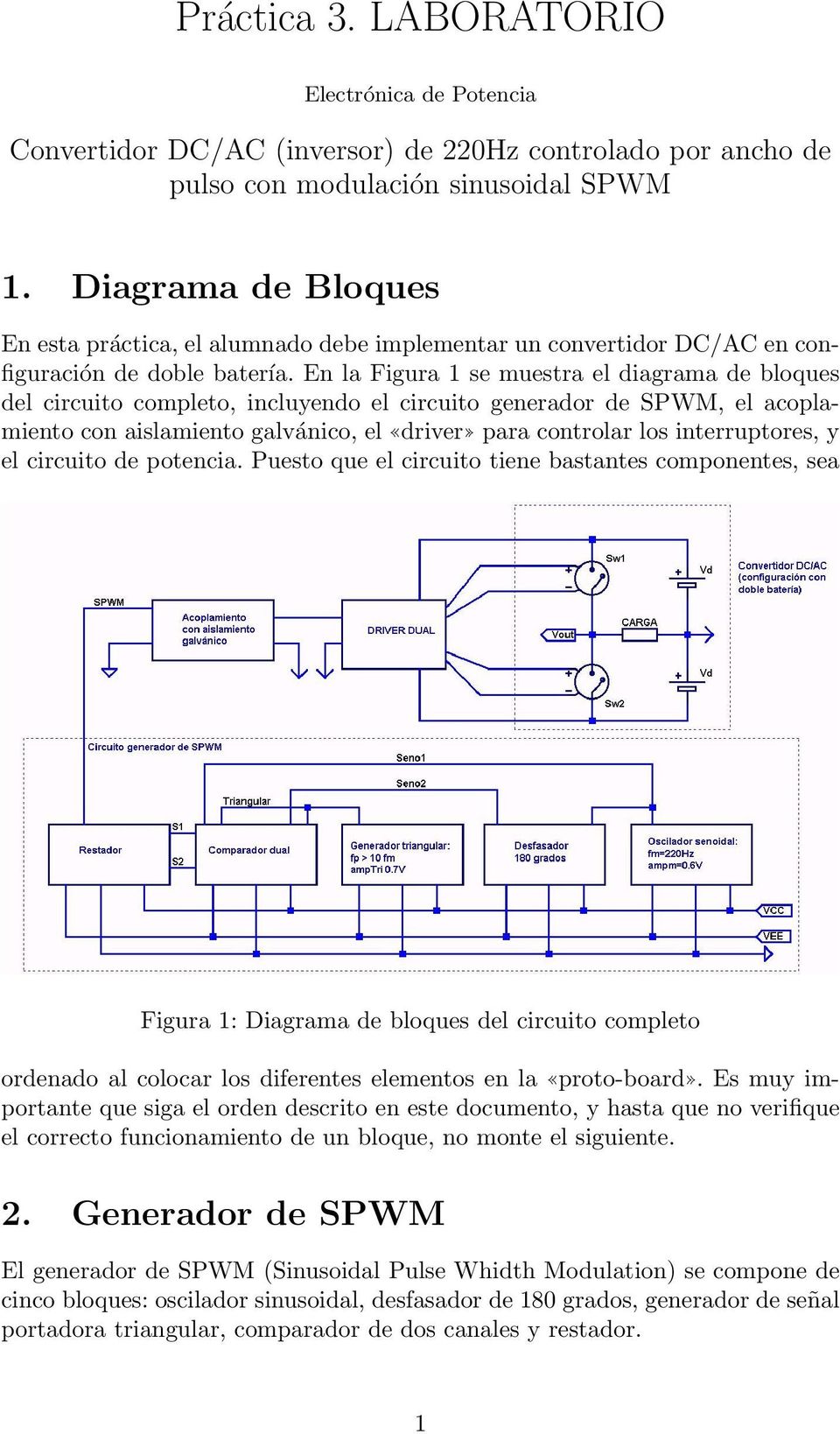 En la Figura 1 se muestra el diagrama de bloques del circuito completo, incluyendo el circuito generador de SPWM, el acoplamiento con aislamiento galvánico, el driver para controlar los
