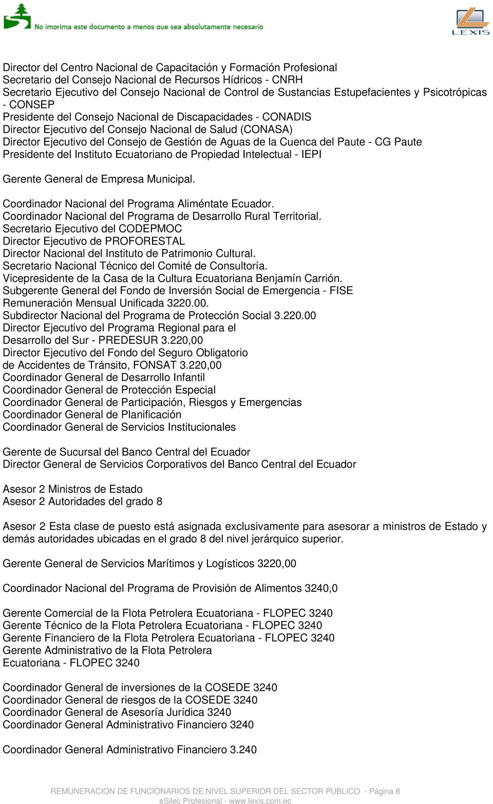 Gestión de Aguas de la Cuenca del Paute - CG Paute Presidente del Instituto Ecuatoriano de Propiedad Intelectual - IEPI Gerente General de Empresa Municipal.