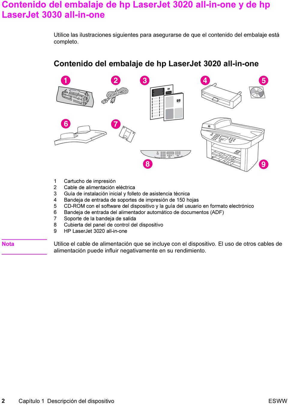 soportes de impresión de 150 hojas 5 CD-ROM con el software del dispositivo y la guía del usuario en formato electrónico 6 Bandeja de entrada del alimentador automático de documentos (ADF) 7 Soporte