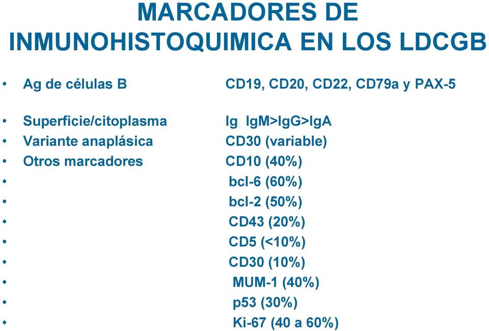 anaplásica CD30 (variable) Otros marcadores CD10 (40%) bcl-6 (60%) bcl-2