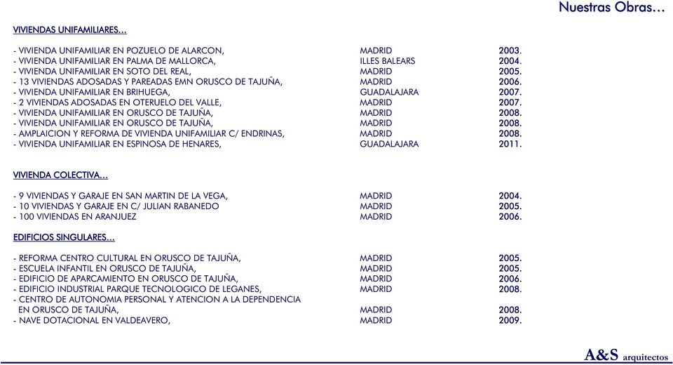 - 2 VIVIENDAS ADOSADAS EN OTERUELO DEL VALLE, MADRID 2007. - VIVIENDA UNIFAMILIAR EN ORUSCO DE TAJUÑA, MADRID 2008. - VIVIENDA UNIFAMILIAR EN ORUSCO DE TAJUÑA, MADRID 2008. - AMPLAICION Y REFORMA DE VIVIENDA UNIFAMILIAR C/ ENDRINAS, MADRID 2008.