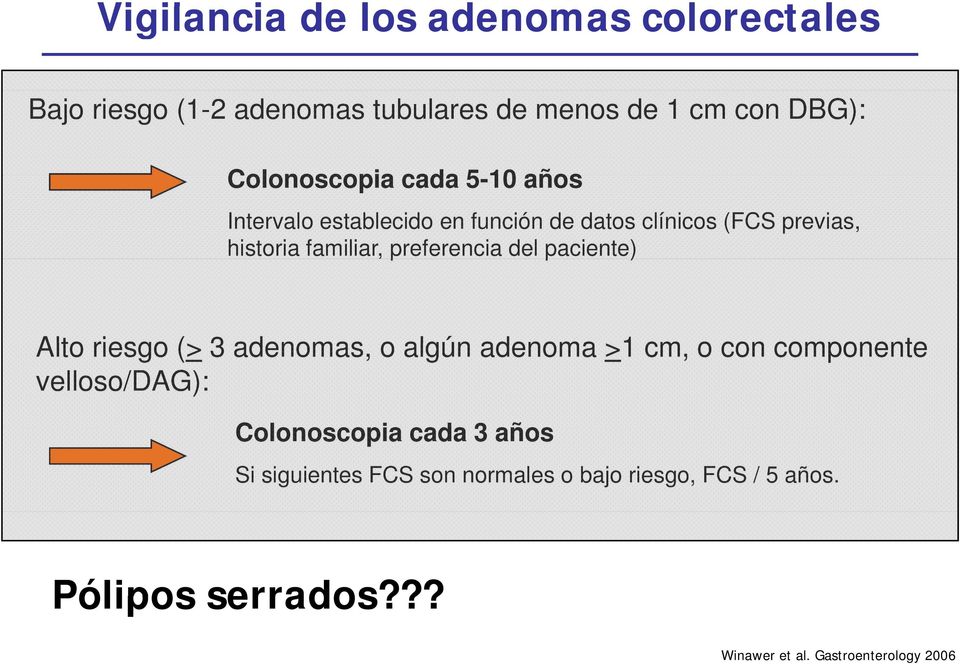 preferencia del paciente) Alto riesgo (> 3 adenomas, o algún adenoma >1 cm, o con componente velloso/dag):