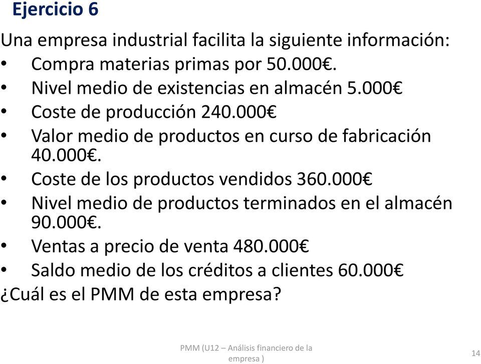 000 Valor medio de productos en curso de fabricación 40.000. Coste de los productos vendidos 360.