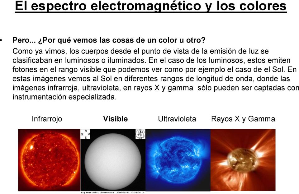 En el caso de los luminosos, estos emiten fotones en el rango visible que podemos ver como por ejemplo el caso de el Sol.