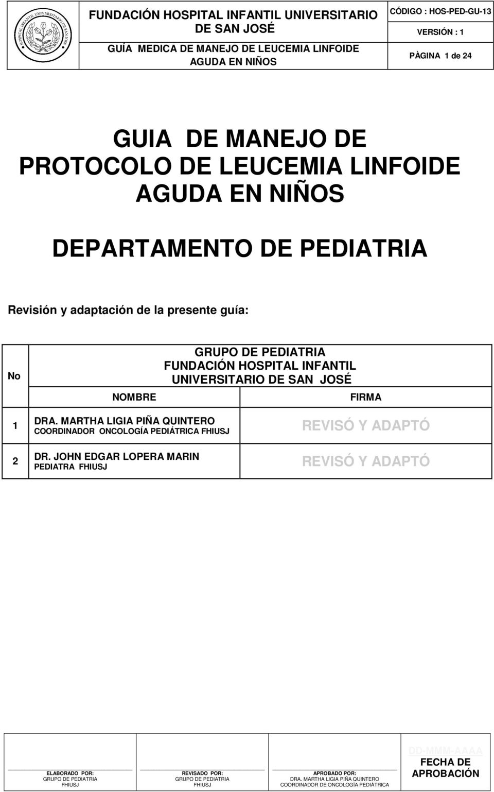 NOMBRE FUNDACIÓN HOSPITAL INFANTIL UNIVERSITARIO FIRMA 1 2 COORDINADOR