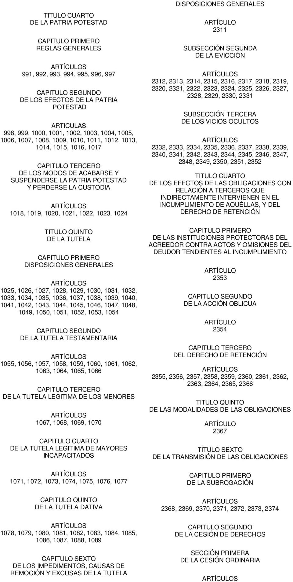 1020, 1021, 1022, 1023, 1024 TITULO QUINTO DE LA TUTELA CAPITULO PRIMERO DISPOSICIONES GENERALES 1025, 1026, 1027, 1028, 1029, 1030, 1031, 1032, 1033, 1034, 1035, 1036, 1037, 1038, 1039, 1040, 1041,