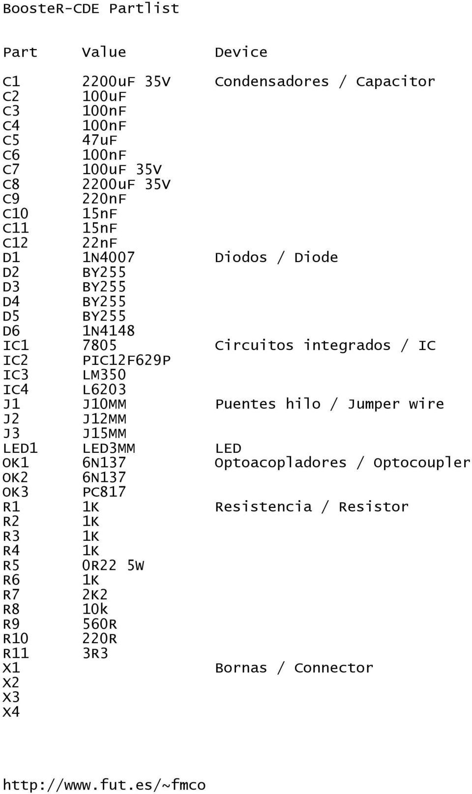 PIC12F629P IC3 LM350 IC4 L6203 J1 J10MM Puentes hilo / Jumper wire J2 J12MM J3 J15MM LED1 LED3MM LED OK1 6N137 Optoacopladores /