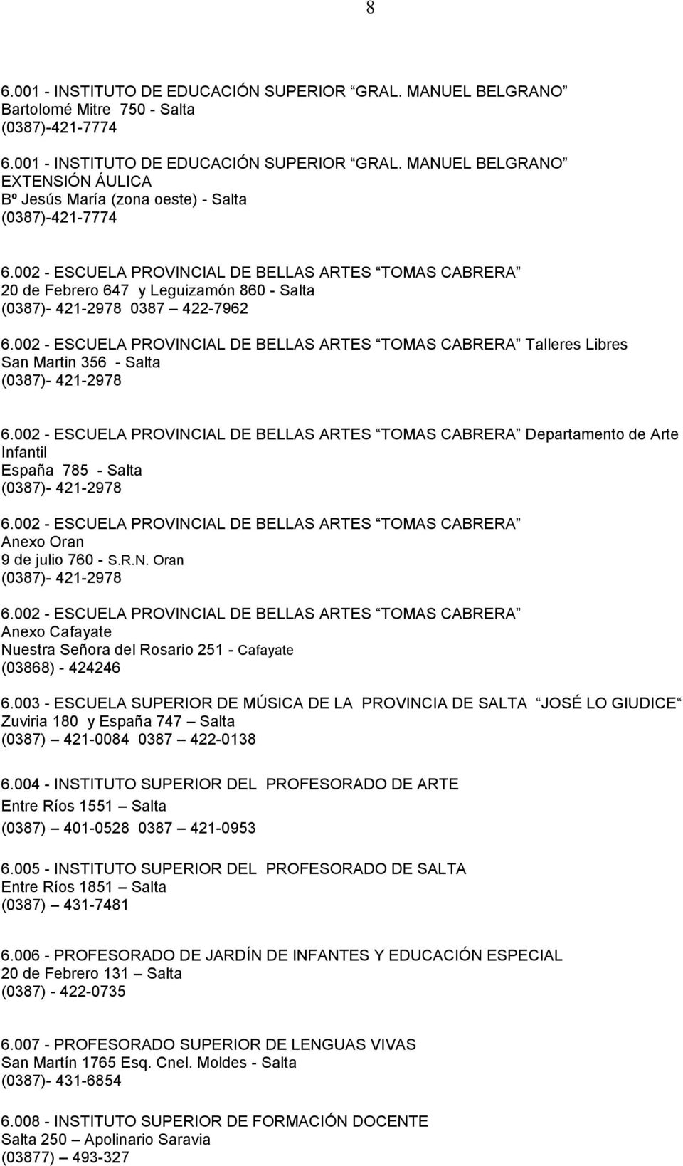 002 - ESCUELA PROVINCIAL DE BELLAS ARTES TOMAS CABRERA Talleres Libres San Martin 356 - Salta (0387)- 421-2978 6.