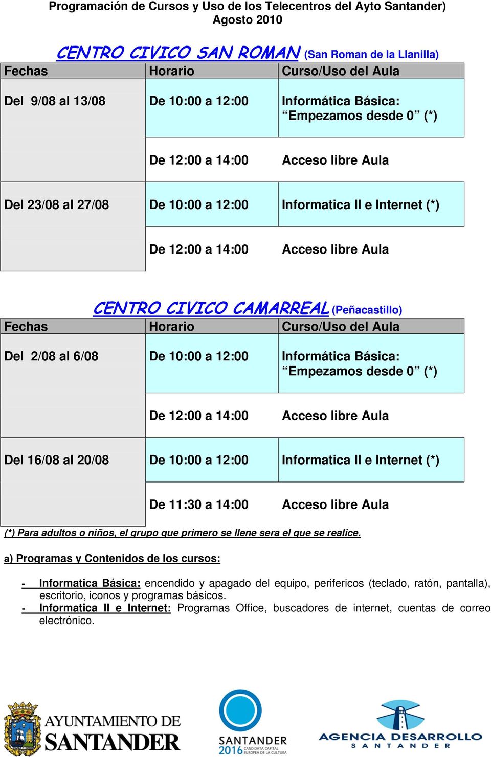 10:00 a 12:00 Informática Básica: Empezamos desde 0 (*) Del 16/08 al 20/08 De 10:00 a 12:00 Informatica II e Internet (*) De
