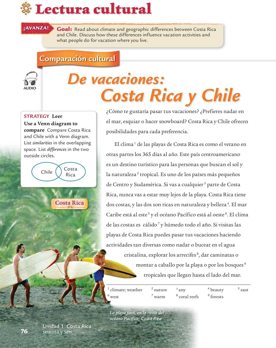 Comparación cultural AUDIO De vacaciones: Costa Rica y Chile STRATEGY Leer Use a Venn diagram to compare Compare Costa Rica and Chile with a Venn diagram. List similarities in the overlapping space.