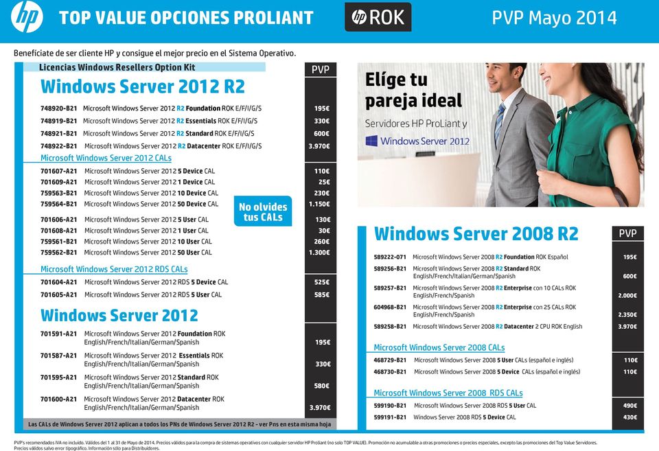 Windows Server 2012 R2 Essentials ROK E/F/I/G/S 330 748921-B21 Microsoft Windows Server 2012 R2 Standard ROK E/F/I/G/S 600 748922-B21 Microsoft Windows Server 2012 R2 Datacenter ROK E/F/I/G/S 3.