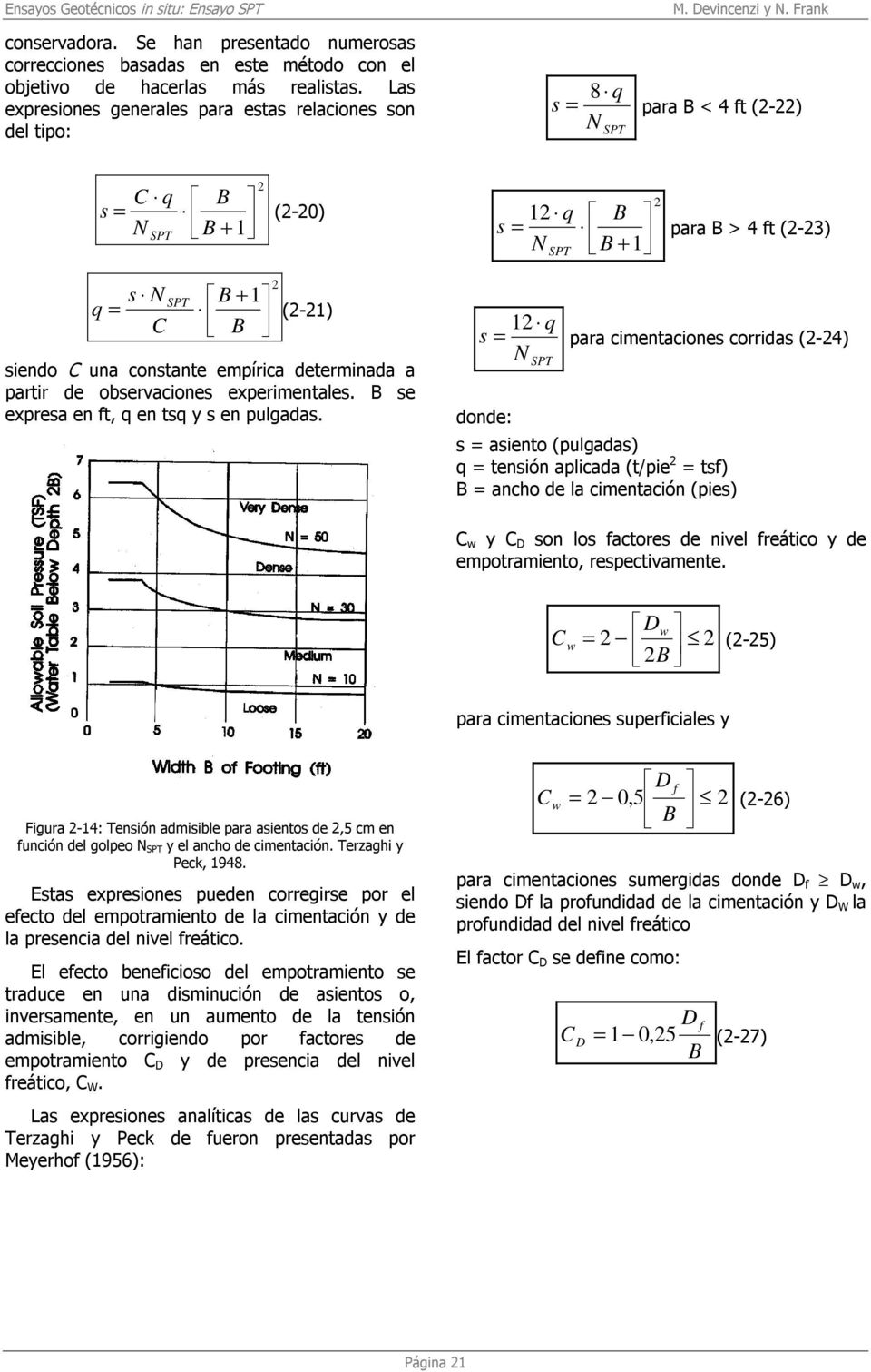 Frank q s = 8 para B < 4 ft (2-22) s = C q N SPT B 1 B + 2 (2-20) 12 q B s = N 1 B + SPT 2 para B > 4 ft (2-23) s N q = C SPT B + 1 (2-21) B siendo C una constante empírica determinada a partir de