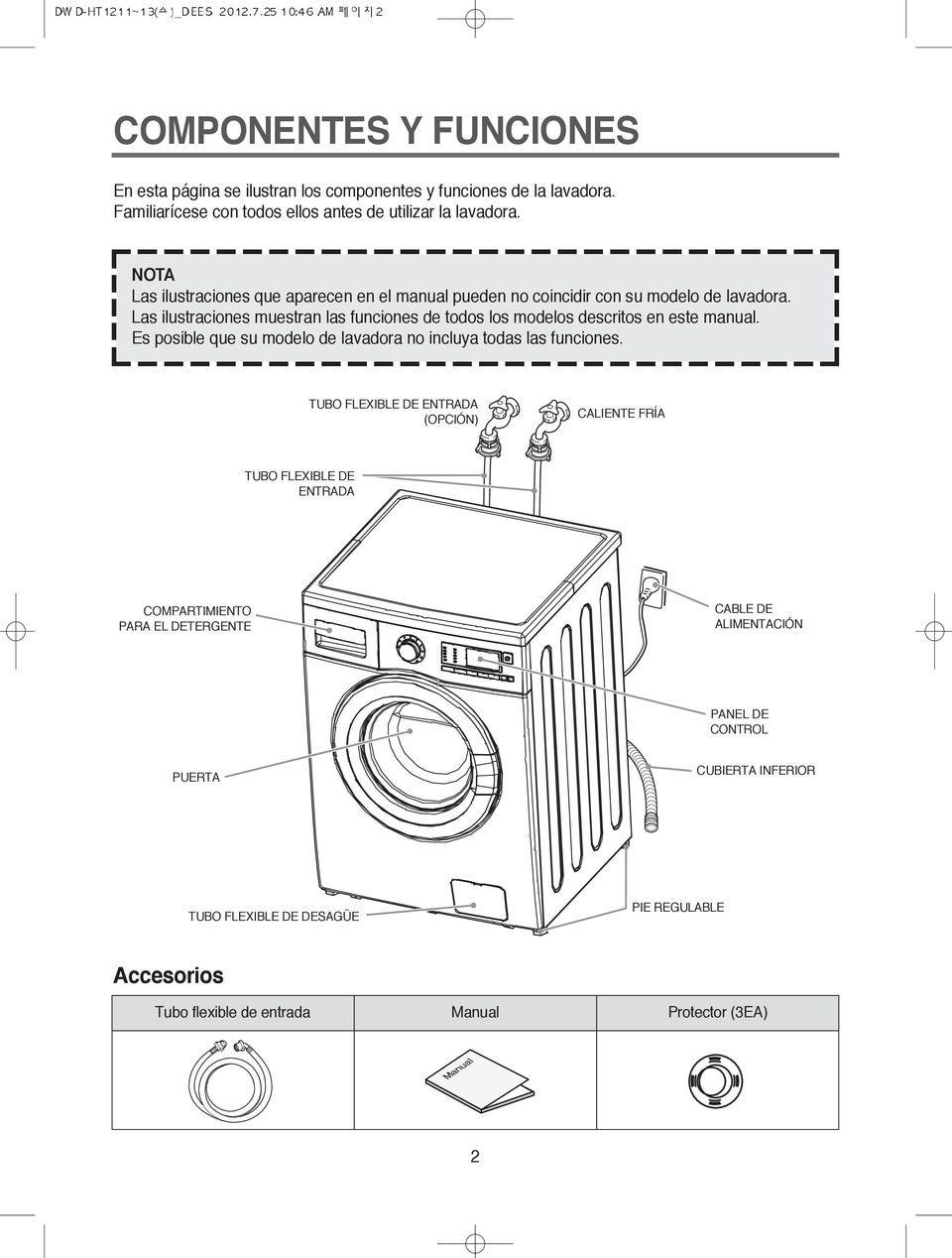 Las ilustraciones muestran las funciones de todos los modelos descritos en este manual. Es posible que su modelo de lavadora no incluya todas las funciones.