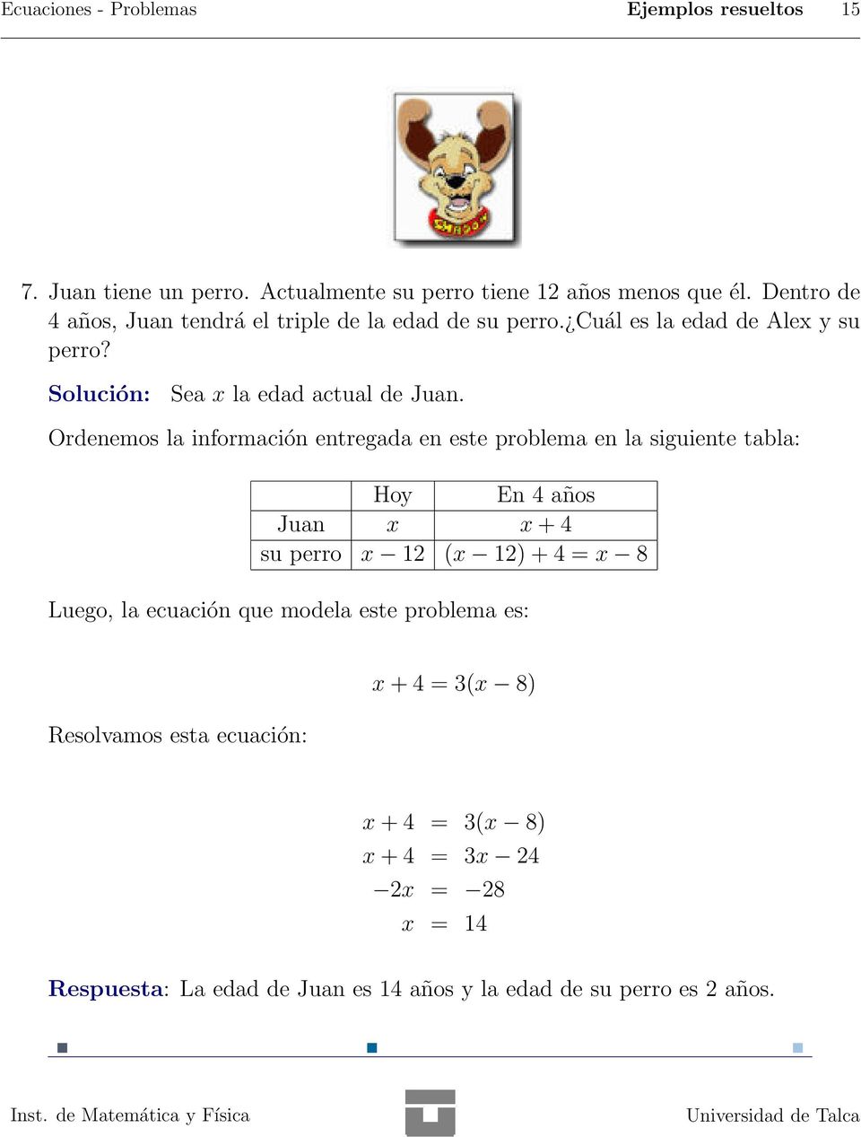 Ordenemos la información entregada en este problema en la siguiente tabla: Hoy En 4 años Juan x x + 4 su perro x 12 (x 12) + 4 = x 8 Luego, la