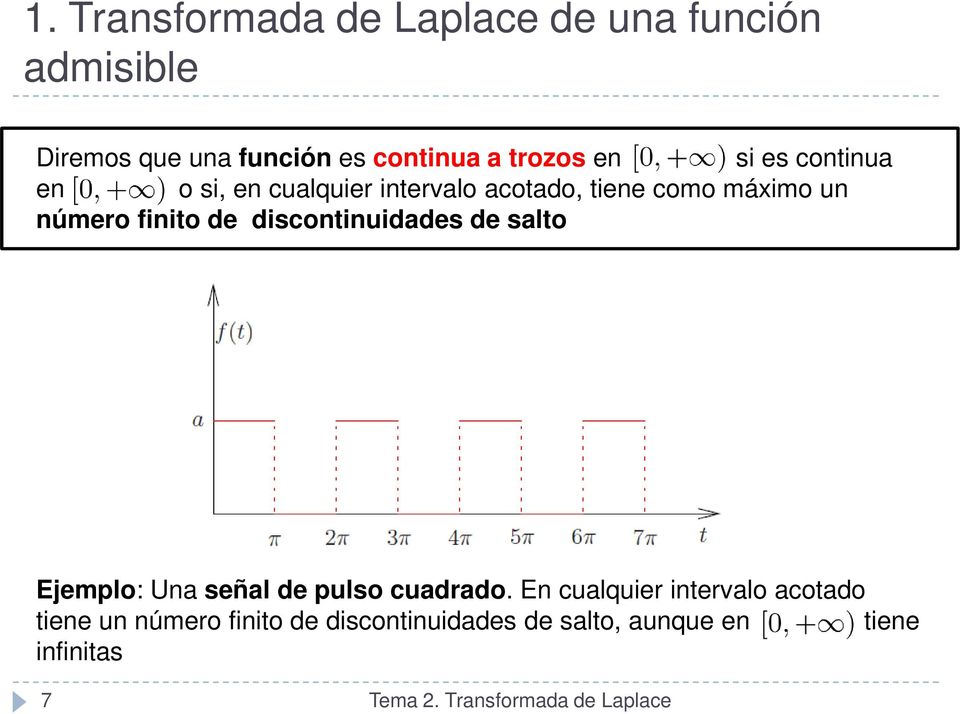 número finito de discontinuidades de salto Ejemplo: Una señal de pulso cuadrado.