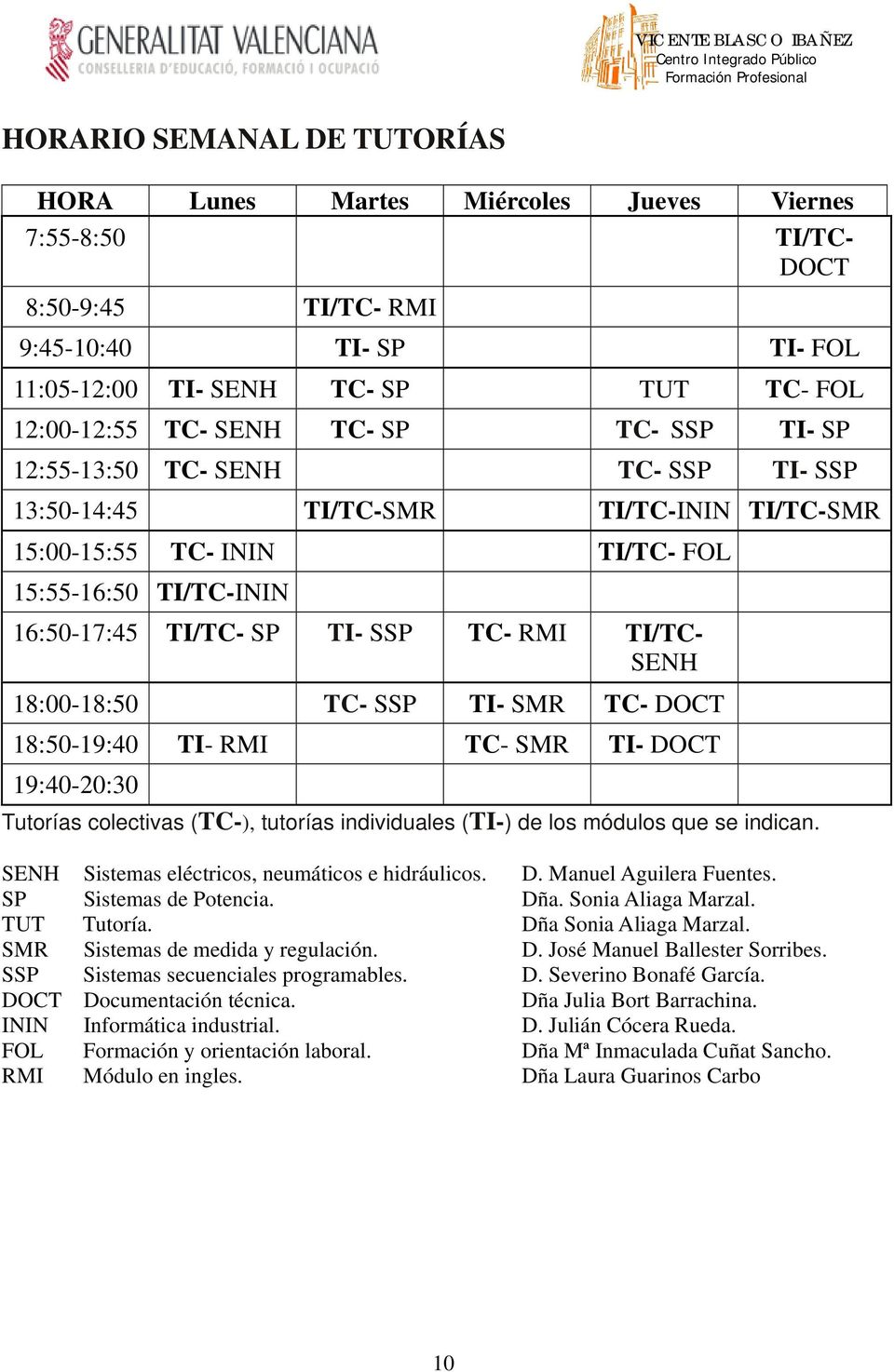 TI/TC- SENH 18:00-18:50 TC- SSP TI- SMR TC- DOCT 18:50-19:40 TI- RMI TC- SMR TI- DOCT 19:40-20:30 Tutorías colectivas (TC-), tutorías individuales (TI-) de los módulos que se indican.