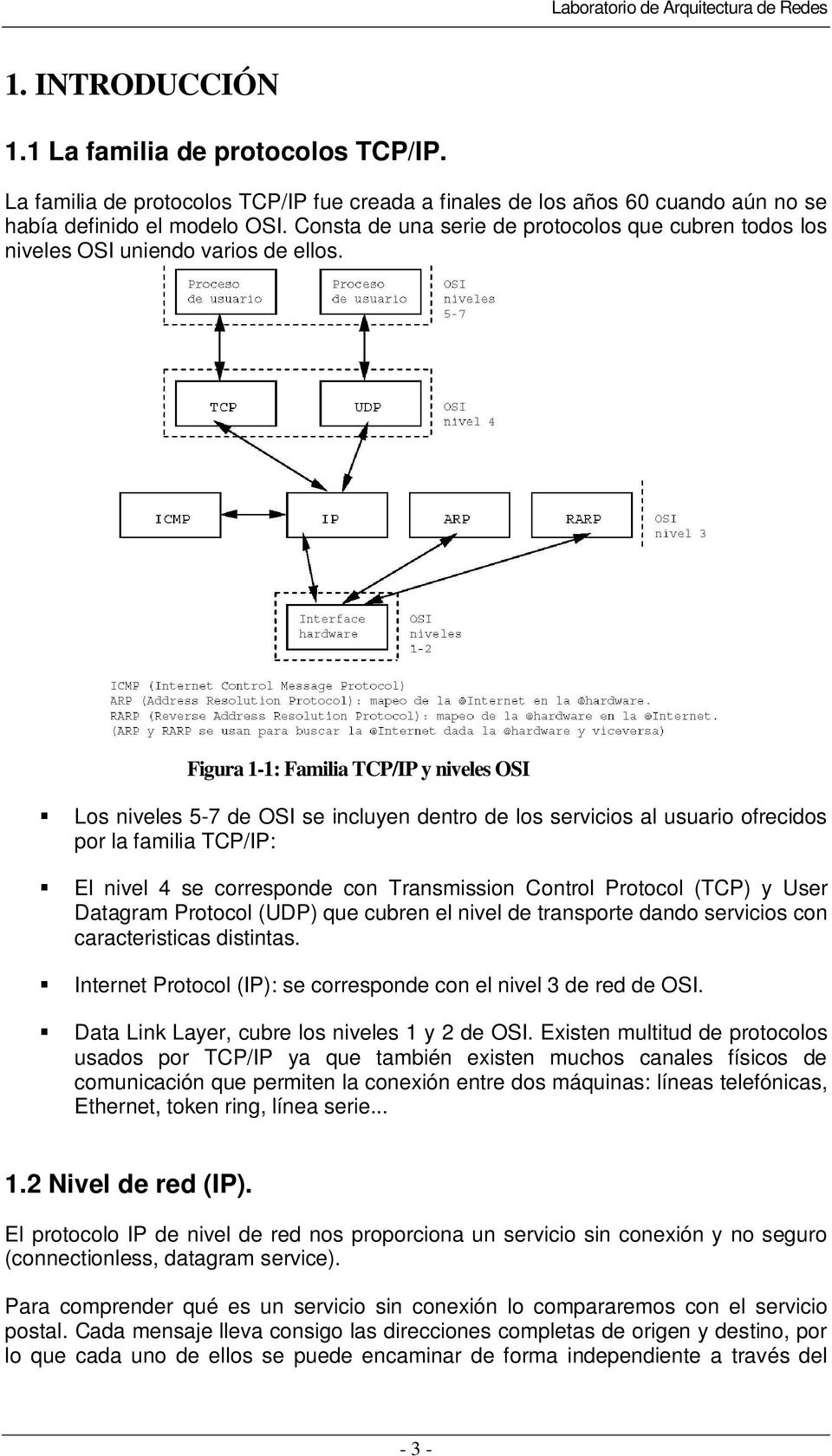 Figura 1-1: Familia TCP/IP y niveles OSI Los niveles 5-7 de OSI se incluyen dentro de los servicios al usuario ofrecidos por la familia TCP/IP: El nivel 4 se corresponde con Transmission Control