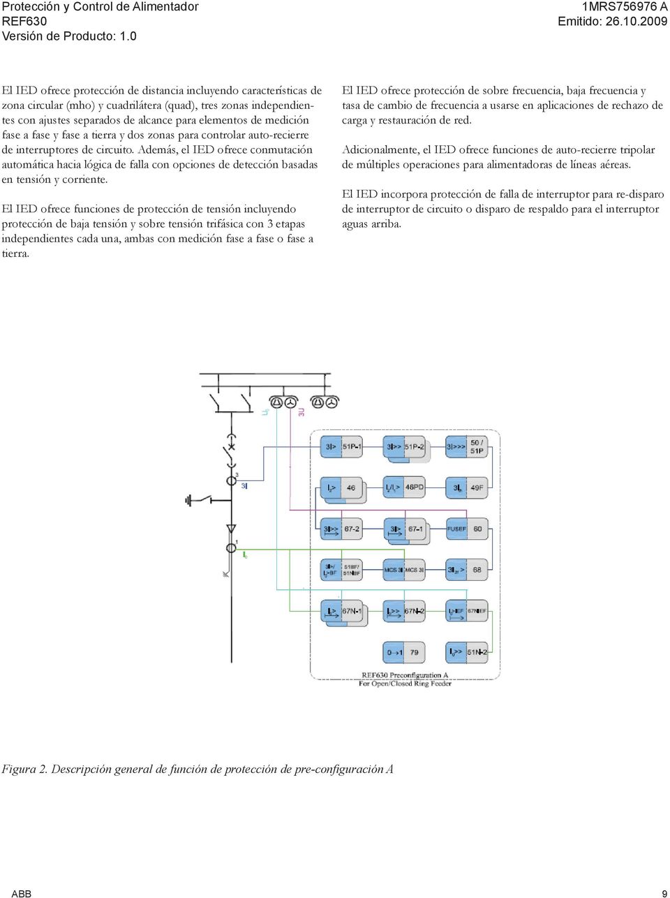 Además, el IED ofrece conmutación automática hacia lógica de falla con opciones de detección basadas en tensión y corriente.