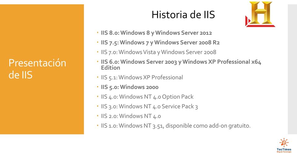 0: Windows Server 2003 y Windows XP Professional x64 Edition IIS 5.1: Windows XP Professional IIS 5.