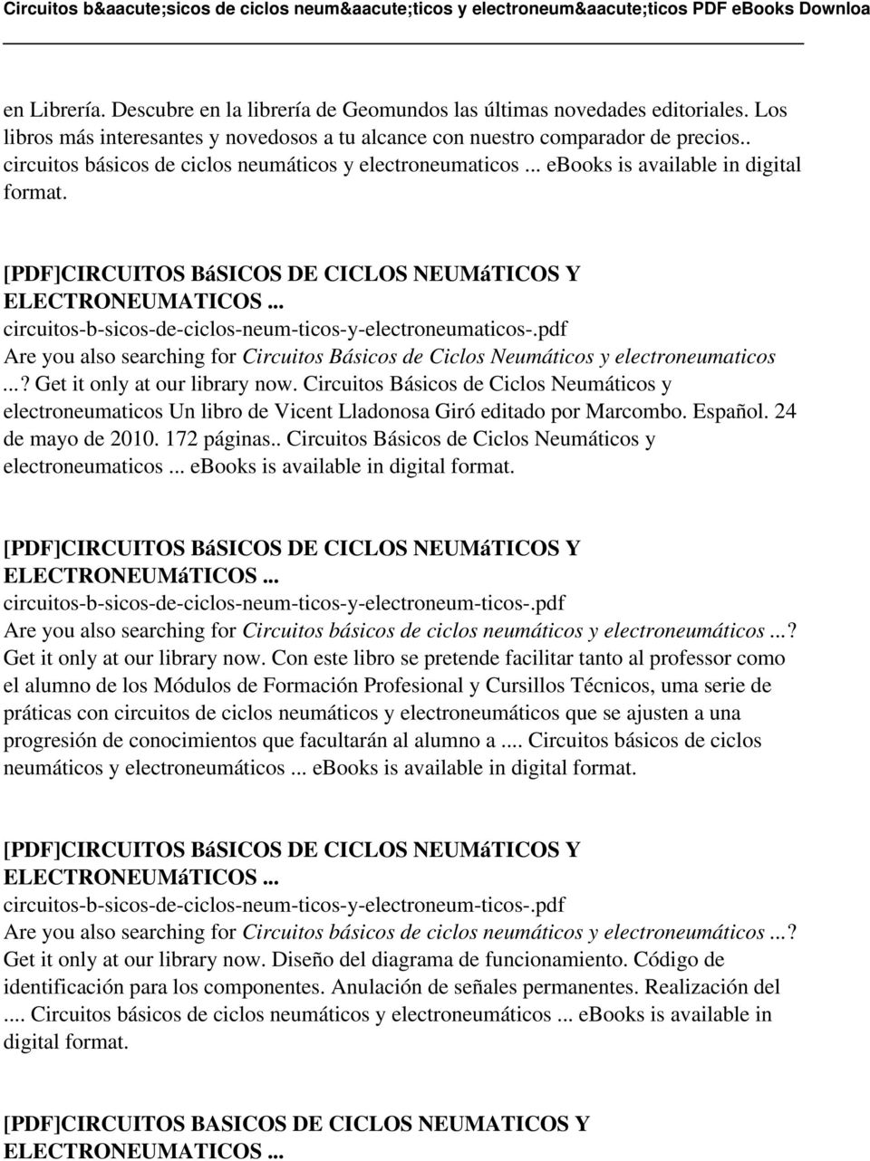 pdf Are you also searching for Circuitos Básicos de Ciclos Neumáticos y electroneumaticos...? Get it only at our library now.