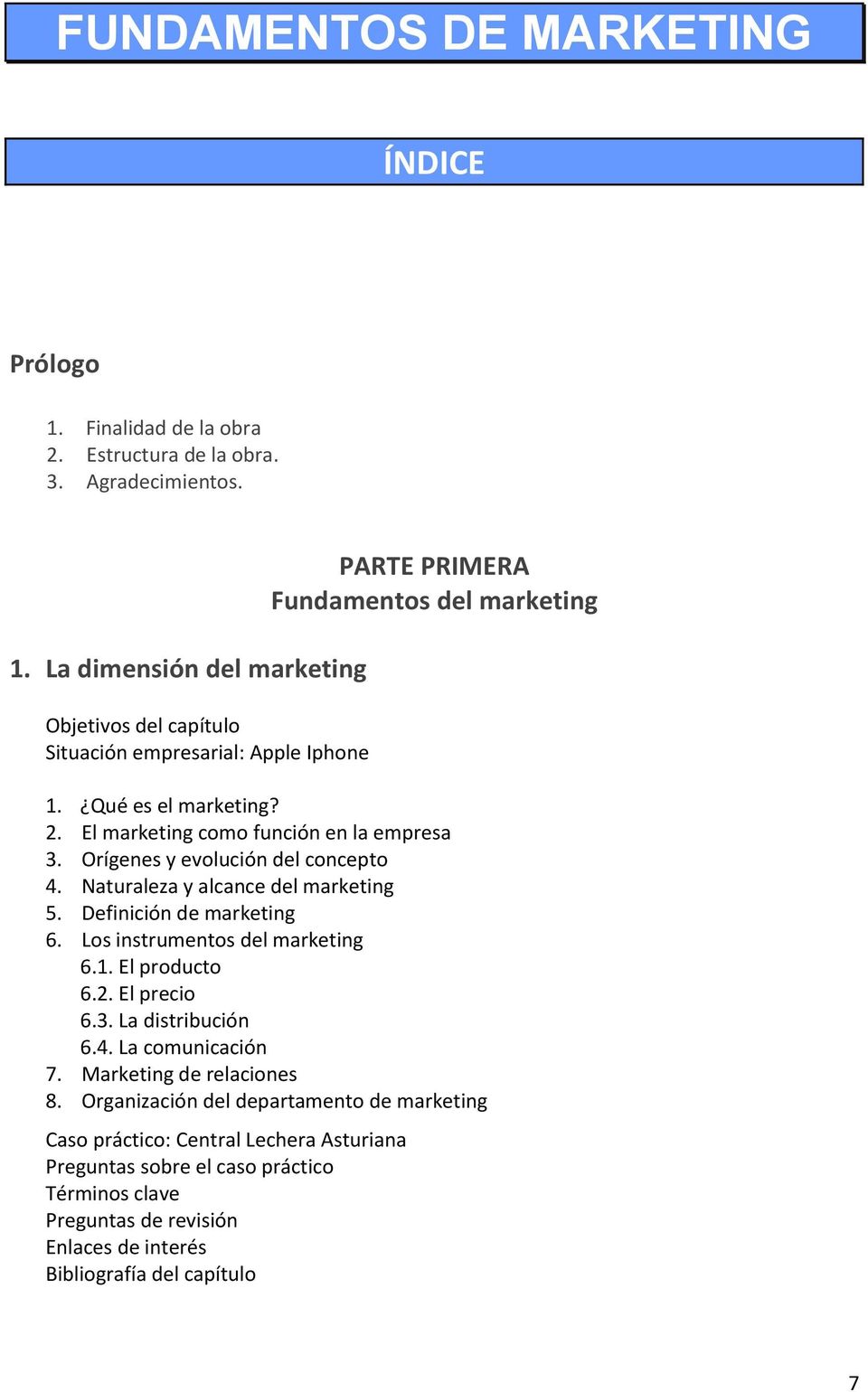 Definición de marketing 6. Los instrumentos del marketing 6.1. El producto 6.2. El precio 6.3. La distribución 6.4. La comunicación 7.