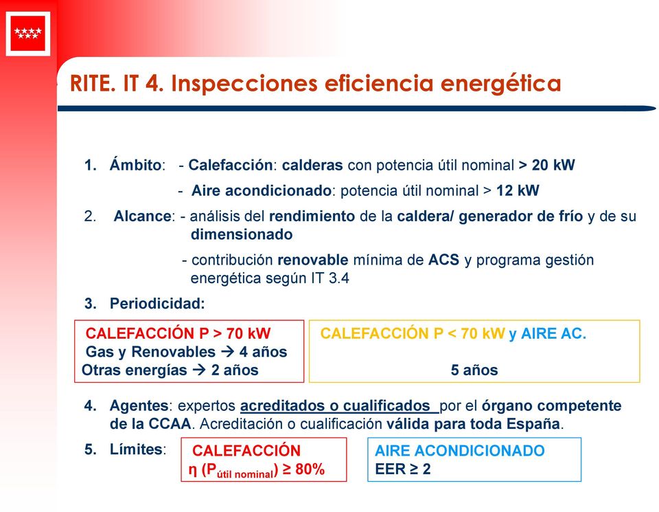 Periodicidad: - contribución renovable mínima de ACS y programa gestión energética según IT 3.