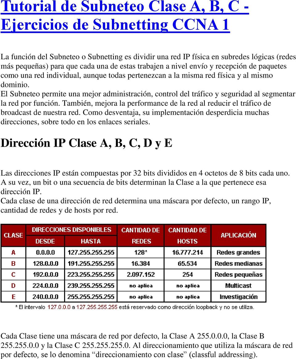 Tutorial Clase A, B, C - Ejercicios de Subnetting CCNA 1 PDF Descargar libre